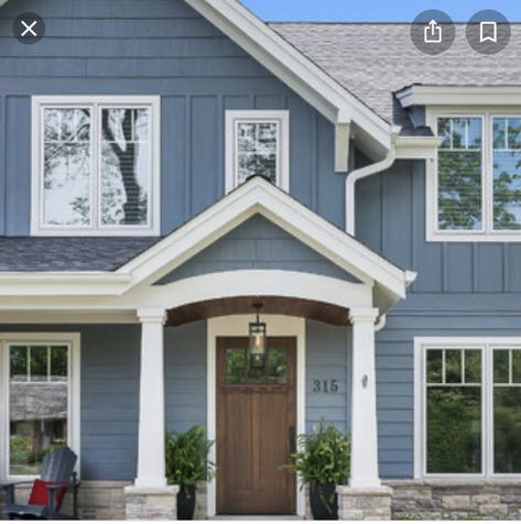 Blue Craftsman Exterior, Light Blue House Exterior, House Exterior Colors Blue, Blue Craftsman, Light Blue Houses, Transitional Exterior, Exterior Home Design, Exterior House Remodel, Blue Exterior