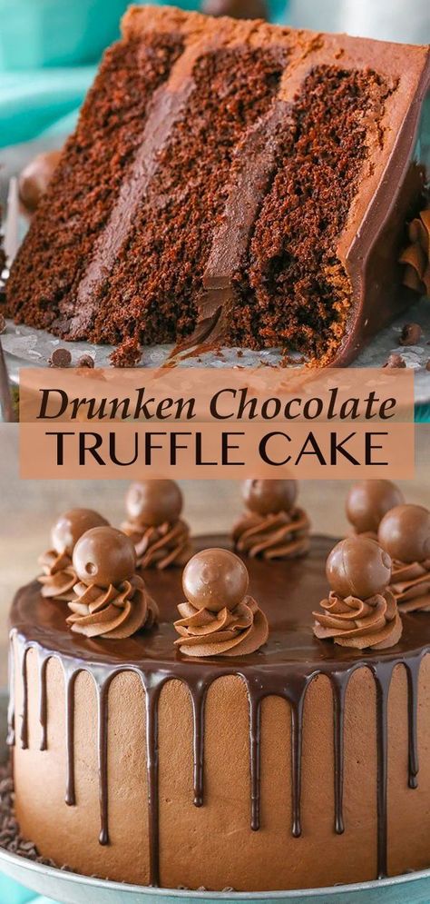 Drunken Cake, Chocolate Truffle Cake Recipe, Chocolate Truffles Cake, Truffle Filling, Moist Chocolate Cake Recipe, Life Love And Sugar, Chocolate Peanut Butter Desserts, Truffle Cake, Chocolate Cake Recipe Moist