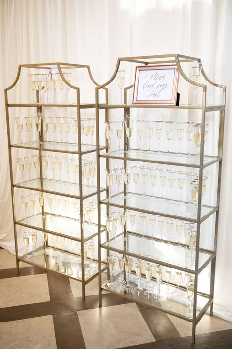 Gold Bookcase, Tuscan Style Villa, Gold Bookshelf, Ocean View Wedding, Modern Wedding Theme, Malibu Rocky Oaks, Champagne Wall, Gold Shelves, Wedding Inside