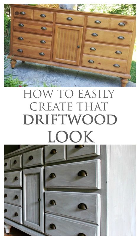 Weathered Furniture Diy, Gray Wash Dresser Diy, How To Gray Wash Furniture, Grey Washed Wood Furniture, Gray Washed Furniture, Gray Wash Dresser, Gray Wood Dresser, How To Gray Wash Wood, How To Grey Wash Furniture