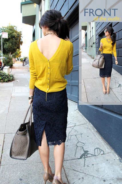 Backwards cardigan, love it with a v-neck  Navy lace pencil skirt, mustard sweater Cardigan Backwards, Backwards Cardigan, Sweater Lace, Mode Tips, Mustard Sweater, Lace Pencil Skirt, Yellow Cardigan, Pencil Skirts, Navy Lace