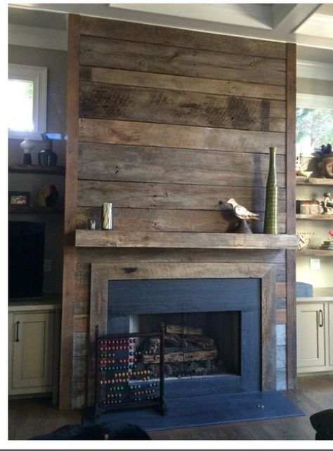 Scandinavian Fireplace, Farmhouse Fireplace Ideas, Rustic Farmhouse Fireplace, Wood Fireplace Surrounds, Reclaimed Wood Fireplace, Rustic Family Room, Fireplace Bookshelves, Fireplace Shelves, Brick Fireplace Makeover