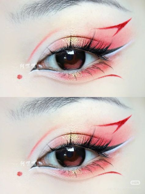 Hanfu Makeup Tutorial, Kitsune Eye Makeup, Traditional Japanese Makeup, Chinese Eye Makeup, Kitsune Makeup, Fox Eyeliner, Makeup Ideas Colorful, Flame Makeup, Hanfu Makeup