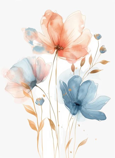 The image is a watercolor painting of flowers. There are three main flowers, two of which are pink and one is blue ->> more details in ai-img-gen.com Delicate Watercolor Flowers, Watercolour Florals, Painting Of Flowers, Line Art Flowers, Three Flowers, Flower Painting Canvas, Watercolor Flowers Paintings, Unique Paintings, Digital Watercolor