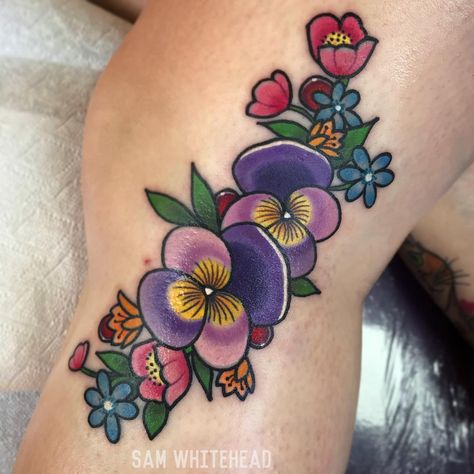 Floral tattoo - pansies flower tattoo American Traditional Violet Flower Tattoo, Traditional Violet Tattoo, Flower Knee Tattoos Women, African Violet Tattoo, Flower Grandma, Pansy Tattoo, Grandma Tattoo, Violet Flower Tattoos, Trad Tattoos