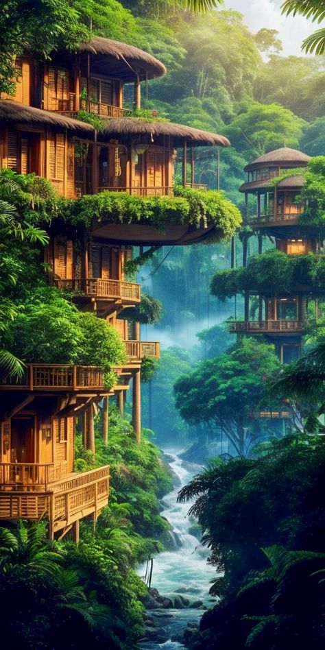 Rainforest City Fantasy Art, Jungle Village, Forest Houses, Green Peace, Peace Art, Japanese Architecture, Forest House, Fantasy Art Landscapes, Fantasy Landscape