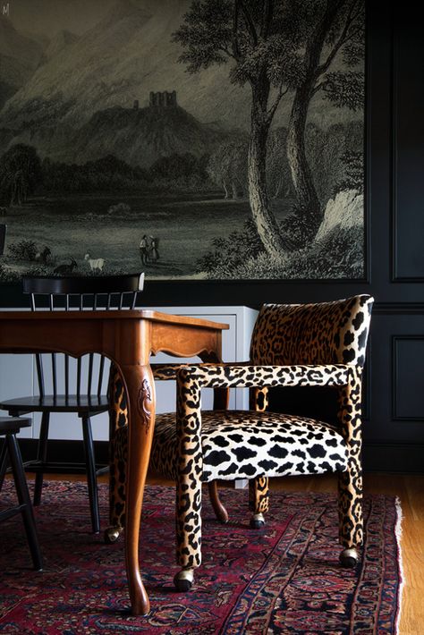 When to Ignore the Trends - The Makerista Leopard Print Furniture, Animal Print Furniture, Leopard Print Rug, Bakers Table, Behind The Curtain, Love Hate Relationship, Black Dining Room, Dark Walls, Buffet Lamps