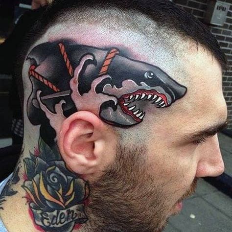 30 Neo Traditional Shark Tattoo Designs For Men - Cool Ink Ideas Legacy Tattoo, Traditional Shark Tattoo, Stocking Tattoo, Girl Face Tattoo, Ink Magazine, Shark Tattoo, Shark Tattoos, Human Canvas, Inked Magazine