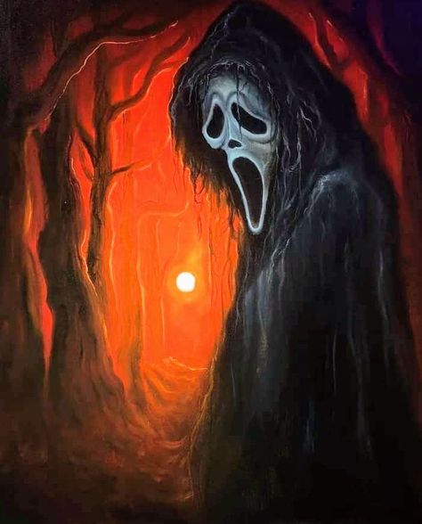 Paintings With A Black Background, Ghost Face Painting, Ghost Face Paint, Scary Paintings, Scream Painting, Painting Ghost, Scary Skull, Scream Franchise, Ghostface Scream