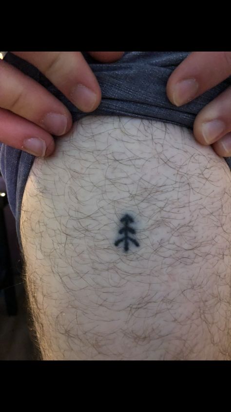 Stick and poke pine tree tattoo  done on the outer thigh Pine Tree Stick And Poke, Tree Stick And Poke, Stick Season Tattoo, Stick Poke, Stick Poke Tattoo, Outer Thigh, Pine Tree Tattoo, Cloud Tattoo, Stick N Poke Tattoo