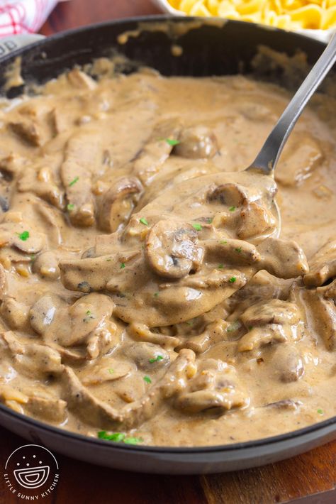 Authentic Beef Stroganoff is a delicious and easy recipe with tender strips of beef in a creamy, savory, sour cream mushroom gravy. Ground Beef Stroganoff Recipe With Cream Of Mushroom Soup Easy, Beef Stroganoff With Heavy Cream, Gravey Recipe, Beef Mushroom Stroganoff, Classic Beef Stroganoff, Beef And Mushroom Stew, Creamed Beef, Beef Stroganoff Recipe, Beef Stroganoff Easy