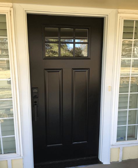 The homeowners of this 41 year old Edmond, OK home wanted to update their front entry door with something that had a simple look and offered more durability. Black Entry Door, Wall Molding Ideas, Entry Door Replacement, Black Entry Doors, Exterior Bathroom, Black Exterior Doors, Home Library Decor, Cozy Home Library, Single Entry Doors