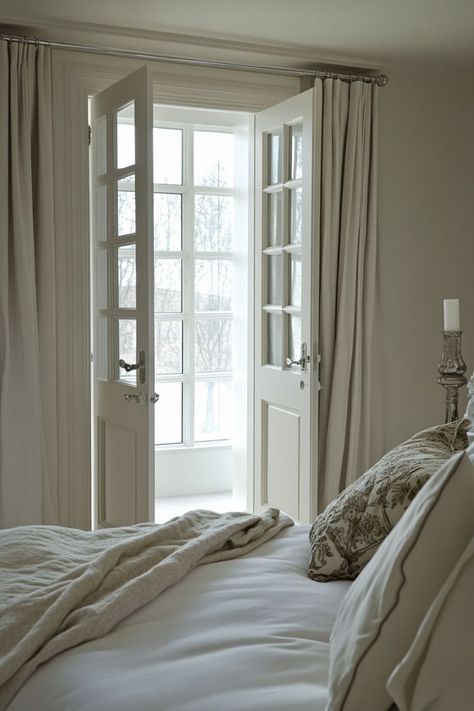 Add a touch of elegance to your bedroom with classic French doors for your closet. These beautiful doors enhance the room’s sophistication while providing easy access. 🚪🌿✨ #FrenchDoors #ElegantLiving #BedroomDesign #ElevatedCloset French Door In Bedroom, Master Suite French Doors, French Doors Interior Bedroom, Narrow French Doors Interior, Bedroom With French Doors, Rental Renovation, Narrow French Doors, Bedroom French Doors, French Doors Bedroom