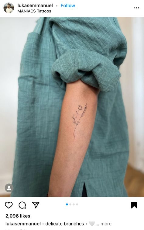 Fineline Flower Tattoo Sleeve, Fine Line Flower Tattoo With Stem Writing, Simple Flower Tattoo Placement, Small Flower Tattoos With Words, Homesteading Tattoo, Pretty Fine Line Tattoo, Single Wildflower Tattoo, Floral Tattoo Fine Line, Simple Arm Sleeve Tattoos For Women