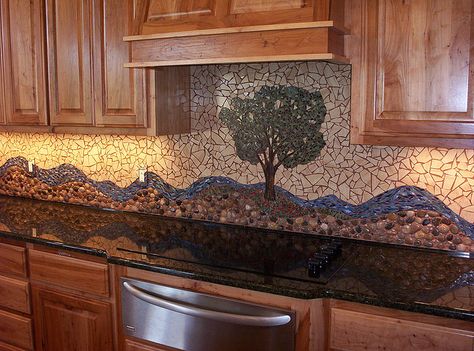 Pecan Tree Mosaic Backsplash II by Mosaics by Marlene, via Flickr Soffit Kitchen, River Rock Backsplash, Rock Backsplash, Stone Tile Backsplash, Kitchen Mosaic, Updo Ideas, Tree Mosaic, Mosaic Backsplash Kitchen, Tile Mosaics