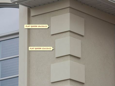 inexpensive ($33 each) quoined corners make nice accents - http://primestucco.com... External Wall Design, Stucco Design, Exterior Door Designs, Front Wall Design, Brick Cladding, Window Molding, Stucco Homes, Stucco Exterior, Ceiling Design Bedroom