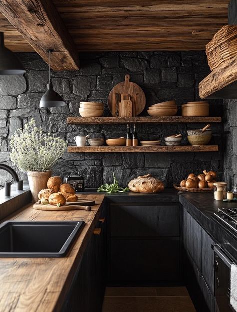 Dark Stone Backsplash, Stone Wall Interior Kitchen, Black Stone Backsplash, Stone Backsplash Kitchen Rustic, Dark Rustic Kitchen, Dark Kitchens, Earthy Kitchen, Stone Backsplash Kitchen, Industrial Kitchen Design