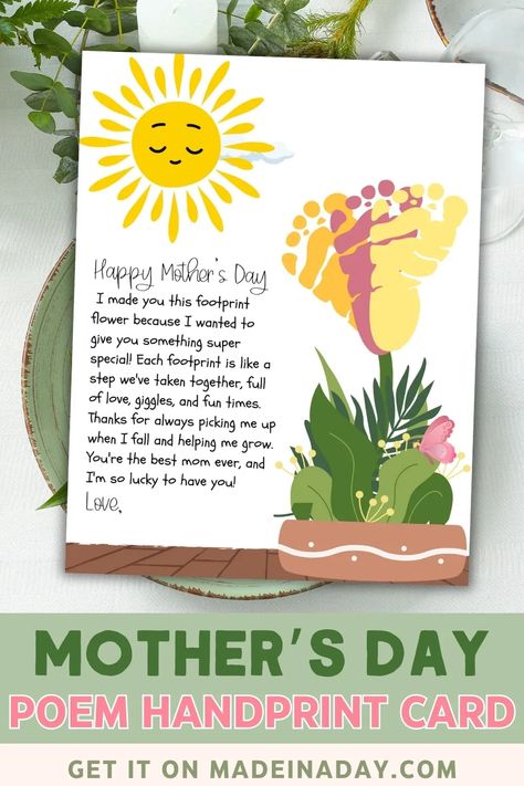 Download your free Boho Floral Footprint Card for Mother's Day! Personalize this poem card with some paint and cute little feet for a heartfelt surprise. footprint cards, mothers day footprint art, mothers day footprint craft, baby handprint ideas Mother’s Day Card Footprint, Footprint Art Mothers Day, Baby Handprint Ideas, Grandkid Crafts, Handprint Ideas, Mothers Day Coloring Cards, Craft Paper Flowers, Diy Projects For Adults, Color Activity