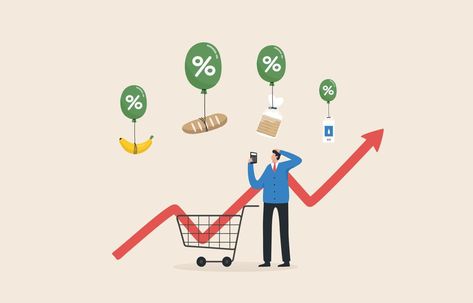 Consumer price index or CPI. Prices of commodities and consumer goods rose due to rising inflation. Consumer goods float with air balloons. Consumer Exploitation Images For Project, Consumer Health Poster, Consumer Exploitation, Consumer Awareness, Economics Project, List Of Cities, Consumer Price Index, Primary Research, High Yield Savings