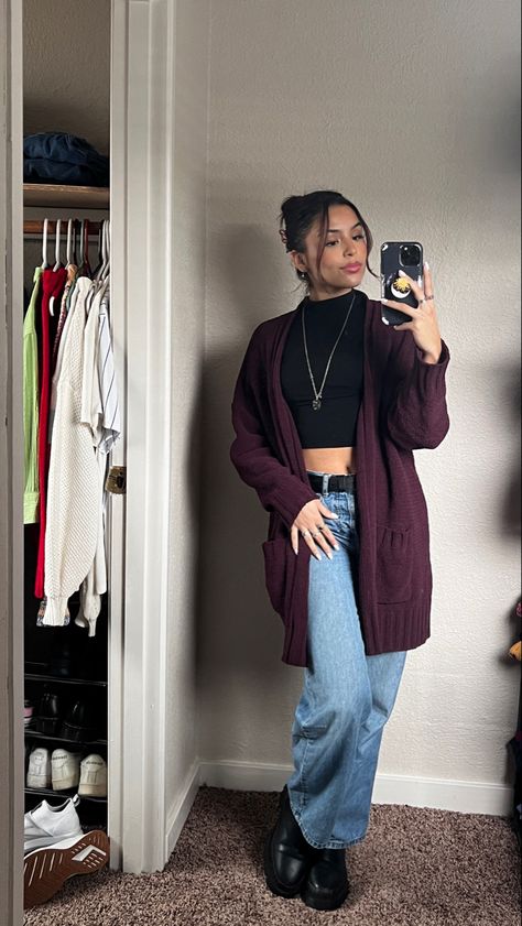 Outfit Ideas Winter Cardigan, Purple And Jeans Outfit, Long Purple Cardigan Outfit, Dark Purple Cardigan Outfit, Long Sleeve Turtleneck Outfit, How To Style Long Cardigan Outfit Ideas, Purple Cardigan Outfits Aesthetic, Blue Jeans With Black Boots, Dark Purple Jacket Outfit