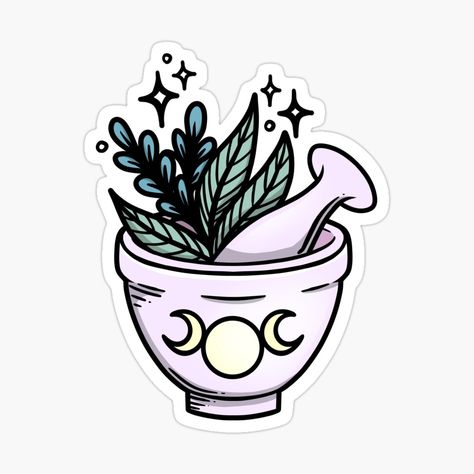 Get my art printed on awesome products. Support me at Redbubble #RBandME: https://www.redbubble.com/i/sticker/Forest-Witch-herbs-magic-Mortar-and-pestle-by-Sonyque/113760954.EJUG5?asc=u Herbs Magic, Magical Illustration, Witch Stickers, Witch Herbs, Forest Witch, Magic Herbs, Nature Stickers, Tattoo Portfolio, Green Witch