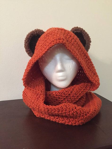 $30 Ewok Hood and Cowl Ewok Crochet Pattern, Appa Hat Crochet Pattern, Crochet Ewok, How To Make An Ewok Hood, Ewok Crochet, Crochet Ewok Hood, Ewok Costume, Crochet Bear Hooded Scarf, Crochet Halloween Costume