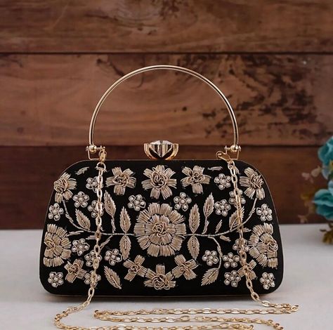 Spring Purses, Zardozi Work, Brown Leather Clutch, Silk Clutch, Pearl Clutch, Embroidery Online, Traditional Outfit, Silk Gifts, Embroidered Clutch