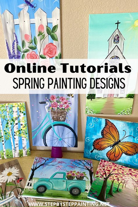 Spring Paintings On Canvas Diy, Easy Spring Acrylic Painting Ideas, Diy Easter Paintings On Canvas, Spring Paint Party Ideas, Spring Paint Night Ideas, Easy Spring Painting Ideas On Canvas, Canvas Painting Party Ideas For Adults, Spring Paintings On Canvas, Spring Paint Night