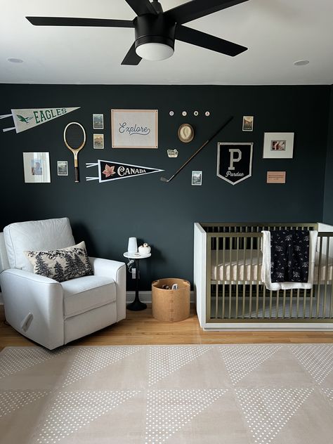 Sporty Nursery Ideas, Baby Boy Sports Nursery Room Ideas, Manly Nursery, Vintage Basketball Aesthetic Room, Oliver Nursery, Subtle Sports Nursery, Sports Baby Nursery, Vintage Sport Theme Nursery, Vintage Varsity Nursery