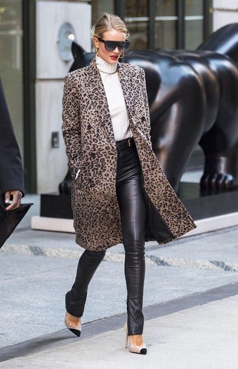 Print Coat Outfit, Rosie Huntington Whiteley Style, Leopard Print Outfits, Leopard Coat, Leopard Print Coat, Coat Outfit, Nicole Richie, Rosie Huntington Whiteley, Print Coat