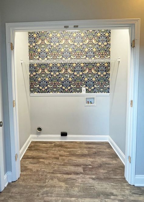 No Door Laundry Closet, Closet Converted To Laundry Room, Laundry Closet With Wallpaper, Easy Laundry Closet Makeover, Door Ideas For Laundry Closet, Wallpapered Laundry Closet, Renter Friendly Laundry Closet, Curtains Over Laundry Closet, Small Laundry Room Door Ideas Closet