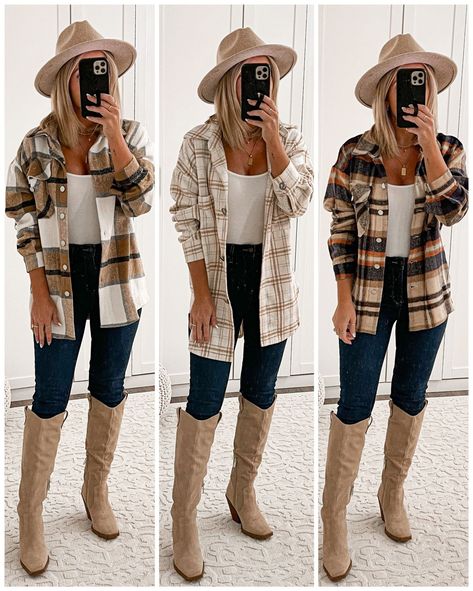 Tan Plaid Shirt Outfit, Styling Fedora Hats Women, Plaid Shirt Jacket Outfit, Women’s Fedora Hat Outfit, Tan Boots Outfit Fall, Winter Hat Outfits For Women, Tan Fedora Hat Outfit, Fall Fedora Hat Outfit, Womens Amazon Outfits