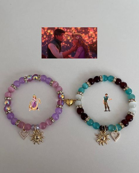 Rapunzul & Flynn ☀️Tag a Rapunzul lover! Available at Blusherjewels.com - - Follow @blusherjewels for more! 🧵🎀 - #rapunzel #flynnrider #disney #bracelet #matchingbracelets #makingbracelets #smallbusinessowner Tangled Inspired Bracelet, Rapunzel Bracelet, Bracelet Patterns Beads, Character Bracelets, Disney Bracelets, Girly Bracelets, Colorful Bead Bracelets, Cute Friendship Bracelets, Yarn Bracelets