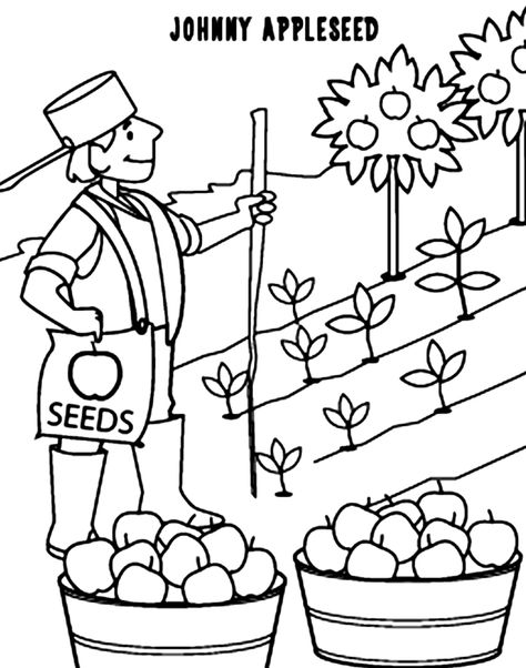 Johnny Appleseed Coloring Pages. Johnny Appleseed day is September 26th. Learn the legend of Johnny Appleseed Jonny Appleseed, Johnny Appleseed Craft, Johnny Appleseed Activities, September Lessons, John Chapman, Preschool Apple Theme, Apple Preschool, Apple Unit, Johnny Appleseed