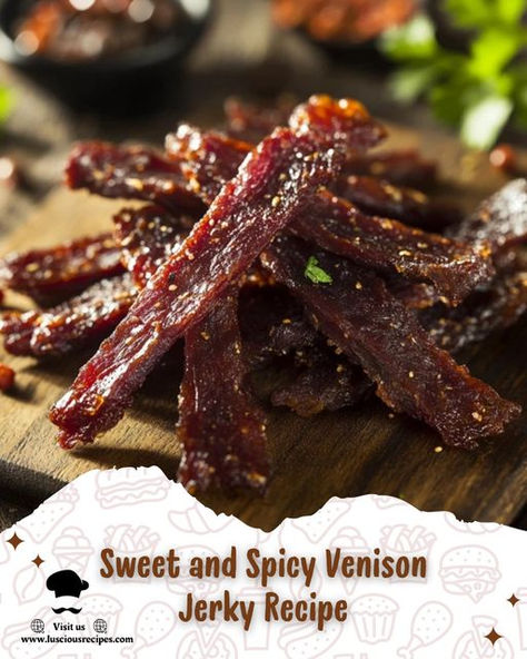 Sweet & Spicy Maple Venison Jerky: a smoky, savory, and slightly sweet treat perfect for adventures. Easy homemade recipe, packed with flavor and nutrition. Sweet Deer Jerky Recipe, Deer Jerky Recipe, Venison Jerky Recipe, Jerkey Recipes, Venison Jerky, Bourbon Chicken Recipe, Jerky Recipe, Homemade Jerky, Homemade Spice Mix