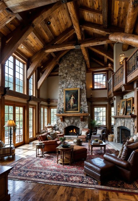 Rustic Living Room Rustic Modern Great Room, Rustic Living Room Designs, Rustic Living Rooms, Rustic Living Room Ideas, Stone Hearth, Cozy Gathering, Rustic Inspiration, Rustic Flooring, Rustic Fireplaces