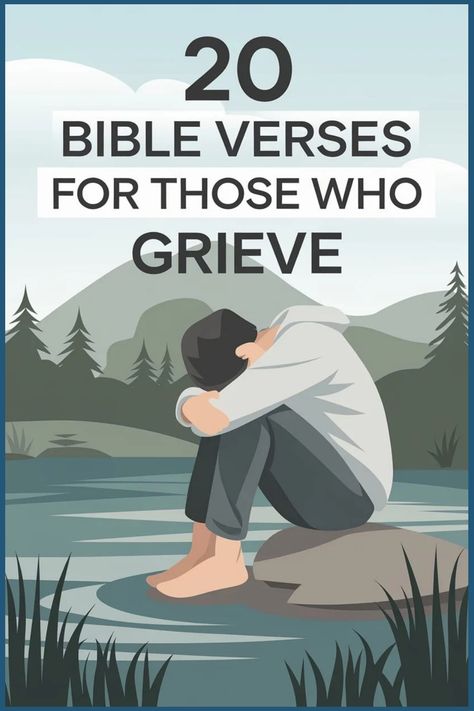 Person sitting on a rock by a lake, embracing their knees, with mountains in the background, and text "20 Bible Verses for Those Who Grieve". Bible Verses About Loss, Verses For Healing, Comfort Verses, Peace Bible Verse, Comforting Scripture, Bible Verse List, Inspirational Scriptures, Healing Bible Verses, Healing Verses