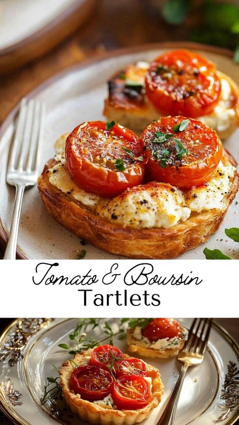 These tomato Boursin cheese tartlets are a savory delight, combining creamy cheese and fresh tomatoes on a buttery pastry base. Simple to prepare yet stunning to serve, they’re perfect for hosting or enjoying a sophisticated snack. Pair with a crisp salad for a light and flavorful meal. Elegant Appetizers, Boursin Cheese, Flaky Pastry, Juicy Tomatoes, Creamy Cheese, Perfect Appetizers, Fresh Tomatoes, Light Recipes, Flavorful Recipes