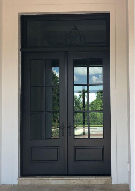 Solid Doors Entrance, Dark Stain Front Door, Half Glass Double Front Door, Exterior Door With Transom Window, Front Door With Transom Above, Koto Cabin, Double Door With Transom, Aesthetic Entryway, Country Front Door