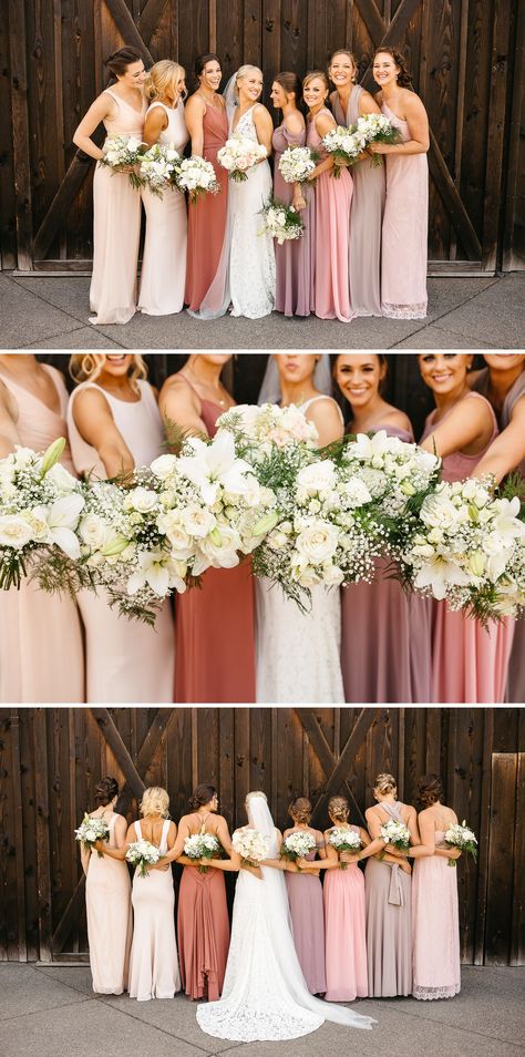 Rustic Barn Wedding Bridesmaid Dresses, Country Summer Wedding Colors, Bridesmaid Dresses Farm Wedding, Farm Wedding Bridesmaid Dresses, Rustic Barn Wedding Color Scheme, Summer Barn Wedding Colors, Dusty Coral Wedding, Barn Wedding Bridesmaid Dresses, Rose And Cream Wedding