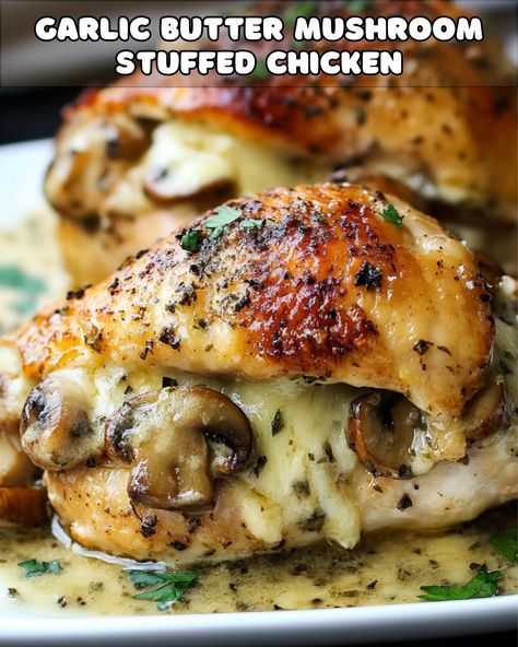 Garlic Butter Mushroom Stuffed Chicken, Yay Recipes, Mushroom Stuffed Chicken Breast, Mushroom Stuffed Chicken, Mushroom Stuffed, Garlic Butter Mushrooms, Stuffed Pepper Casserole, Baked Mushrooms, Garlic Mushrooms