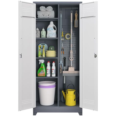 PRICES MAY VARY. 【DURABLE CONSTRUCTION】The broom storage cabinet is made of pure steel material, sturdy and durable. The cleaning supplies cabinet surface powder coating is waterproof and scratch-resistant, easy to clean, avoids corrosion and rust, and lasts longer than wooden lockers. This ensures that your items are safely stored and protected for a long time. 【MULTI-PURPOSE】The broom closet cabinet can store different items such as mops, brooms, fishing rods, towels, clothes, documents, etc. Cleaning Storage Cabinet, Cleaning Supplies Cabinet, Ikea Broom Closet Hack, Laundry Room Closet Storage, Garage Redo, Closet Storage Cabinets, Broom Storage, Garage Storage Cabinet, Utility Cabinet