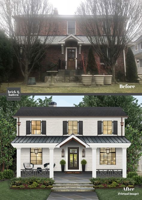 15 of Our Favorite Home Makeovers for 2020 | Blog | brick&batten Transitional Style Home Exterior, Long Front Porch, Colonial House Exteriors, Exterior House Renovation, House Makeovers, Exterior House Remodel, House Front Porch, Black Shutters, Porch Addition