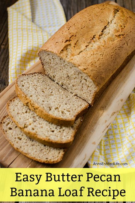 Easy Butter Pecan Banana Loaf Recipe. This simple cake mix based sweet bread recipe comes together quickly. Make this delicious, easy butter pecan loaf recipe tonight for dessert, or to have for breakfast tomorrow. Your whole family will love it! Banana Loaf Recipe, Pecan Loaf, Pecan Bread Recipe, Cake Mix Banana Bread, Banana Cake Mix, Sweet Bread Recipe, Banana Pecan Bread, Recipes Using Cake Mix, Banana Loaf