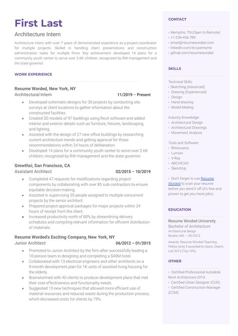 Architecture Intern Resume Examples for 2024 | Resume Worded Architectural Cv, Intern Resume, Architecture Resume, Architect Resume, Project Manager Resume, Best Resume Format, Education Resume, Resume Work, Building Information Modeling