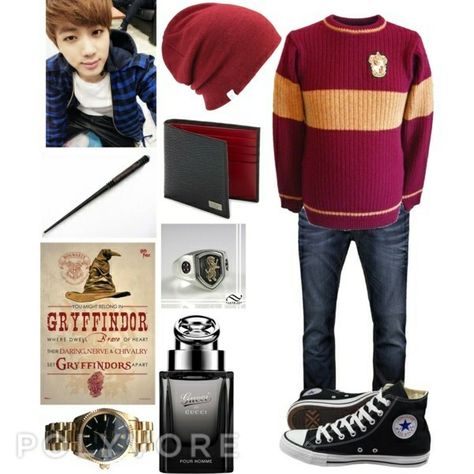 BTS in Hogwarts: Jin Gryffindor Gryffindor Aesthetic Outfit, Gryffindor Inspired Outfits, Gryffindor Outfits, Gryffindor Outfit, Gryffindor Aesthetic, Aesthetic Outfits Men, Polyvore Outfits, Aesthetic Clothes, Hogwarts