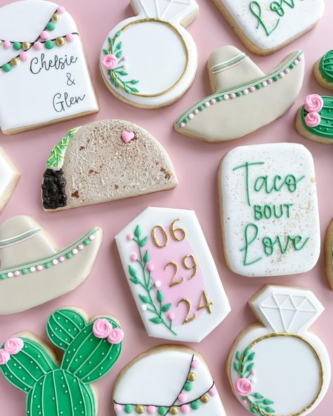 Taco about a perfect bridal shower set 😍🌮💍 these are my “wedding cake” flavor made with vanilla bean and more almond extract for that delicious and classic wedding taste. #sugarcookies #royalicing #sweeteats #sweeteatsbyrachel #sugarcookiesdecorating #sugarcookiesofinstagram #baking #homebakery #tacocookies #cincodemayo #tacoboutlove #weddingcookies #bridalshowercookies Taco Bout Love Bridal Shower Cake, Fiesta Theme Bridal Shower Cookies, Fiesta Bridal Shower Cookies, Tacos And Tequila Bridal Shower Ideas, Final Fiesta Bachelorette Cookies, Taco Bout Love Bridal Shower Ideas, Taco Bout Love Bridal Shower Cookies, Fiesta Wedding Theme, Bridal Shower Desserts