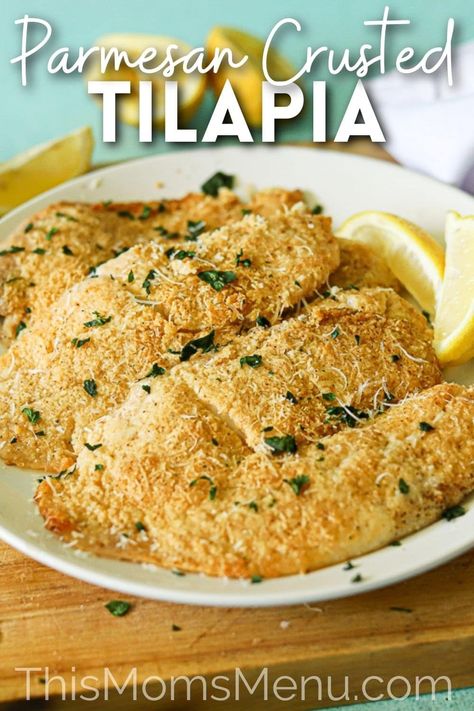 This delicious baked tilapia is ready in just 20 minutes, making it perfect for busy nights! With a delicious crust of parmesan cheese, garlic, lemon, and just a touch of spice this low-carb recipe will satisfy the entire family! Tilapia Recipes Easy, Baked Tilapia Recipes, Parmesan Crusted Tilapia, Crusted Tilapia, Touch Of Spice, Baked Tilapia, Budget Friendly Dinner, Green Meals, Healthy High Protein Meals