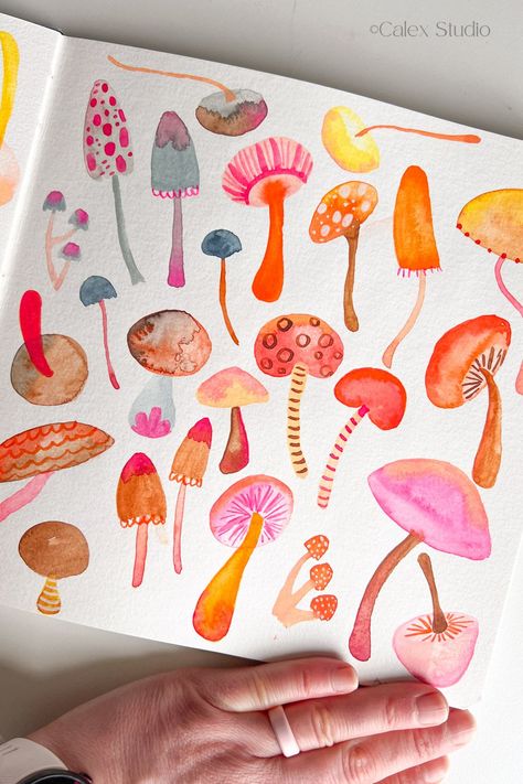 Bright Mushroom Art, Marker Drawing Mushrooms, Mushroom Print Art, Cute Mushroom Watercolor, Marker Art Mushroom, Mushrooms To Paint, Easy Mushroom Watercolor, Colorful Mushroom Painting, Pastel Mushroom Art