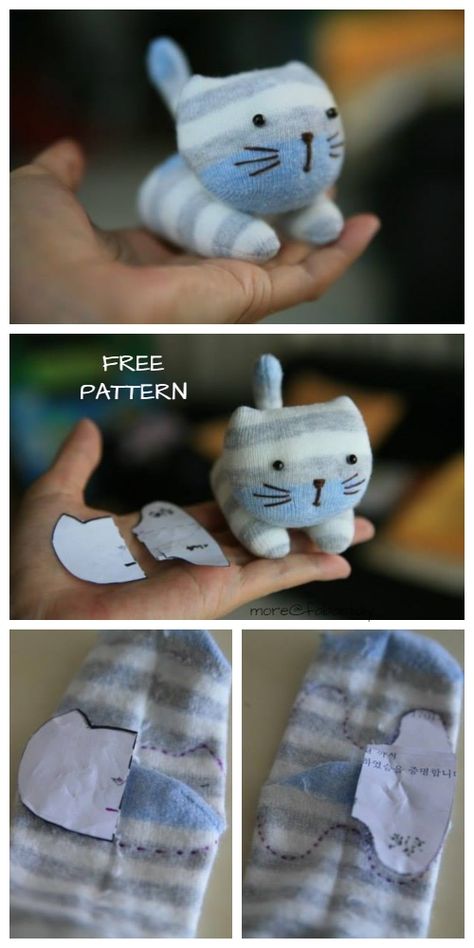 DIY Sock Kitten Free Sewing Pattern + Video Tutorial Sock Kitten, Sock Animals Diy, Diy Sock Toys, Sock Animals Patterns, Plushies Diy, Sock Dolls, Sock Doll, Sock Toys, Diy Socks